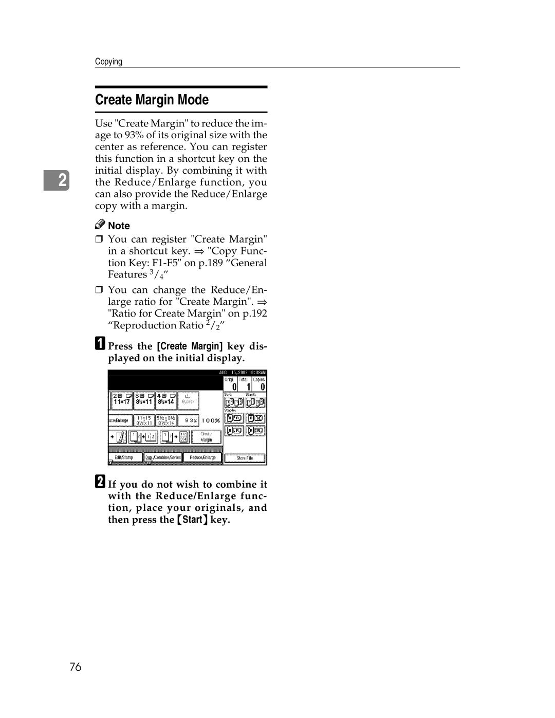 Savin 2712, 2212 manual Create Margin Mode 