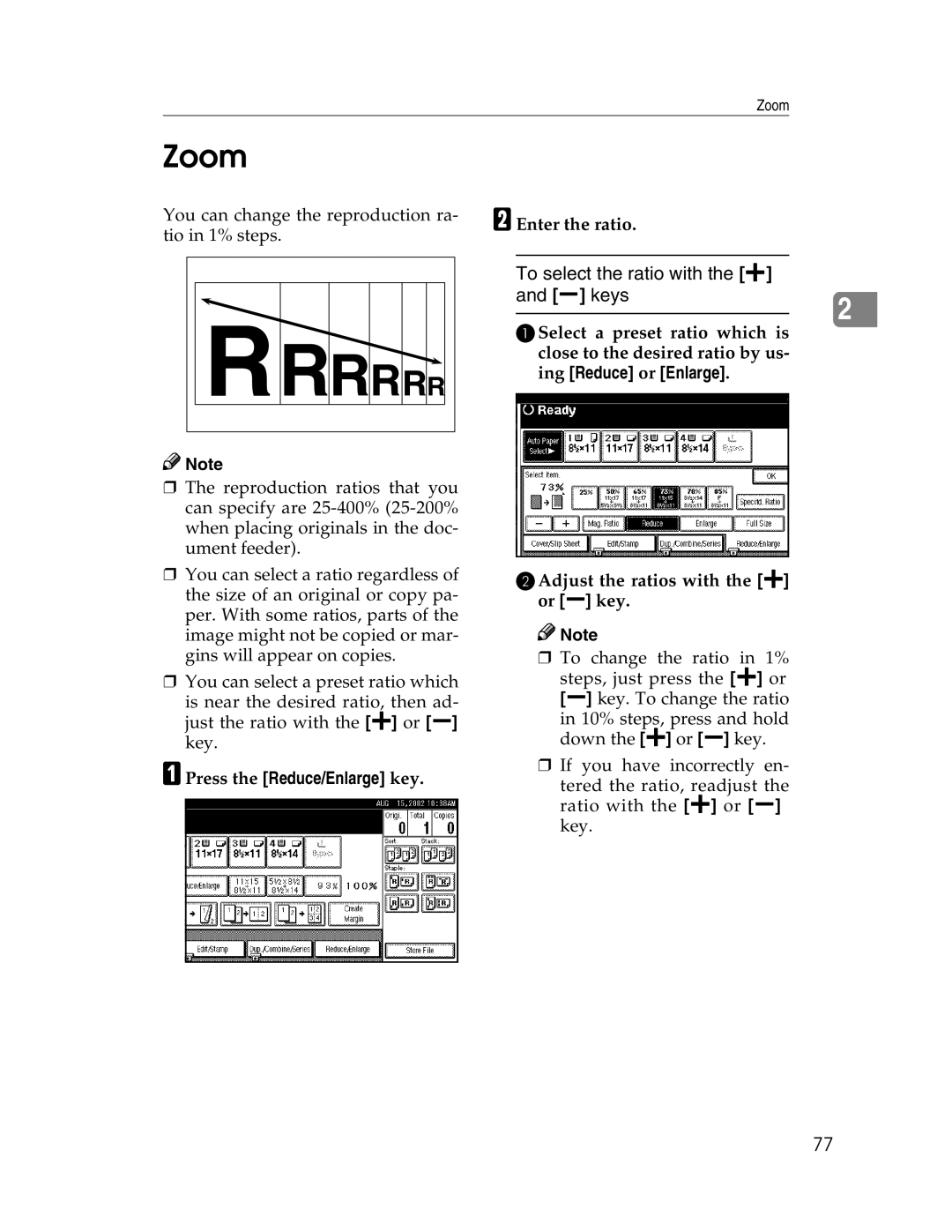 Savin 2212, 2712 manual Zoom, To select the ratio with the n O keys, BEnter the ratio 