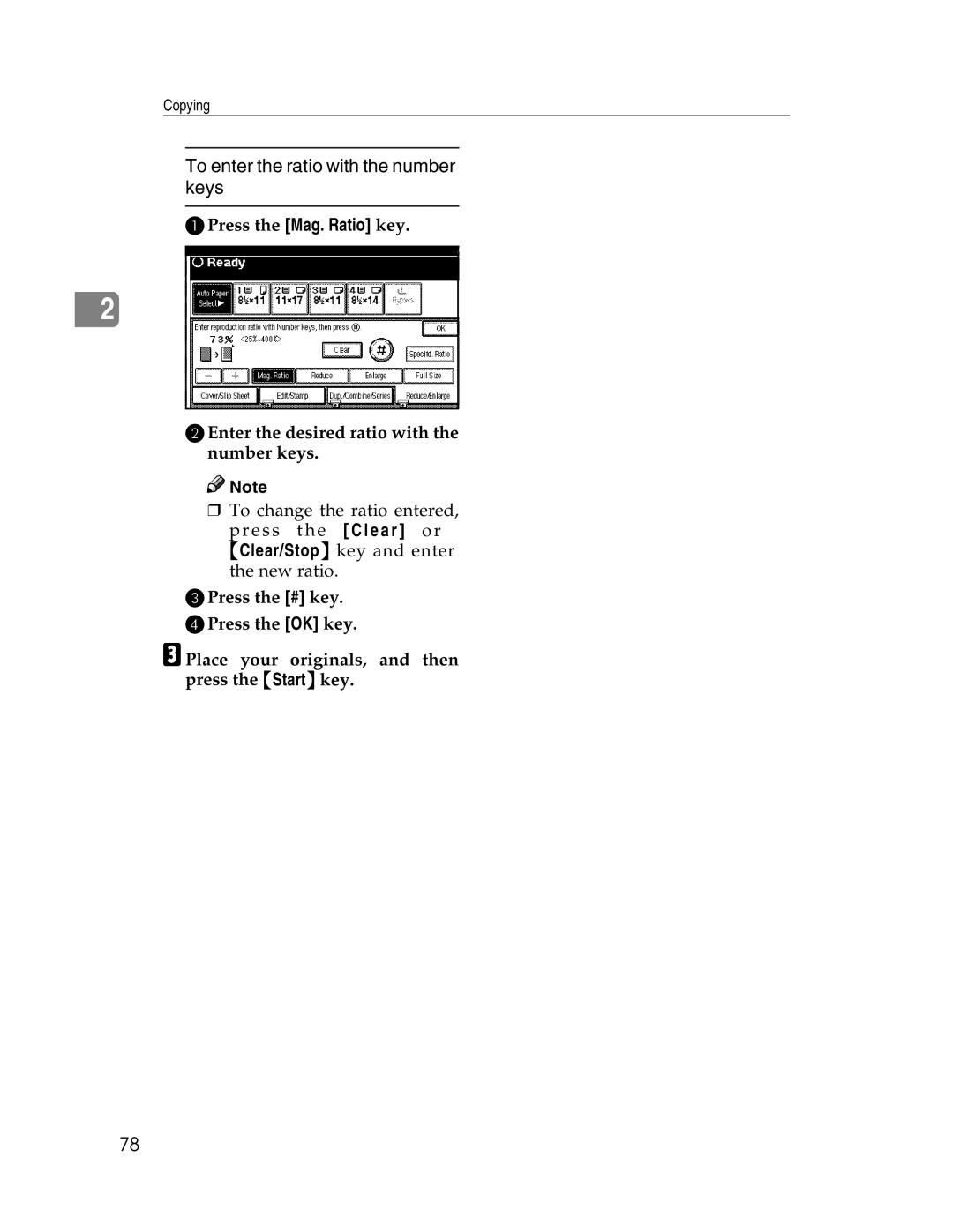 Savin 2712, 2212 manual To enter the ratio with the number keys 