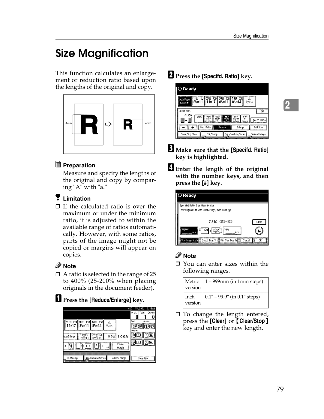 Savin 2212, 2712 manual Size Magnification, APress the Reduce/Enlarge key BPress the Specifd. Ratio key 