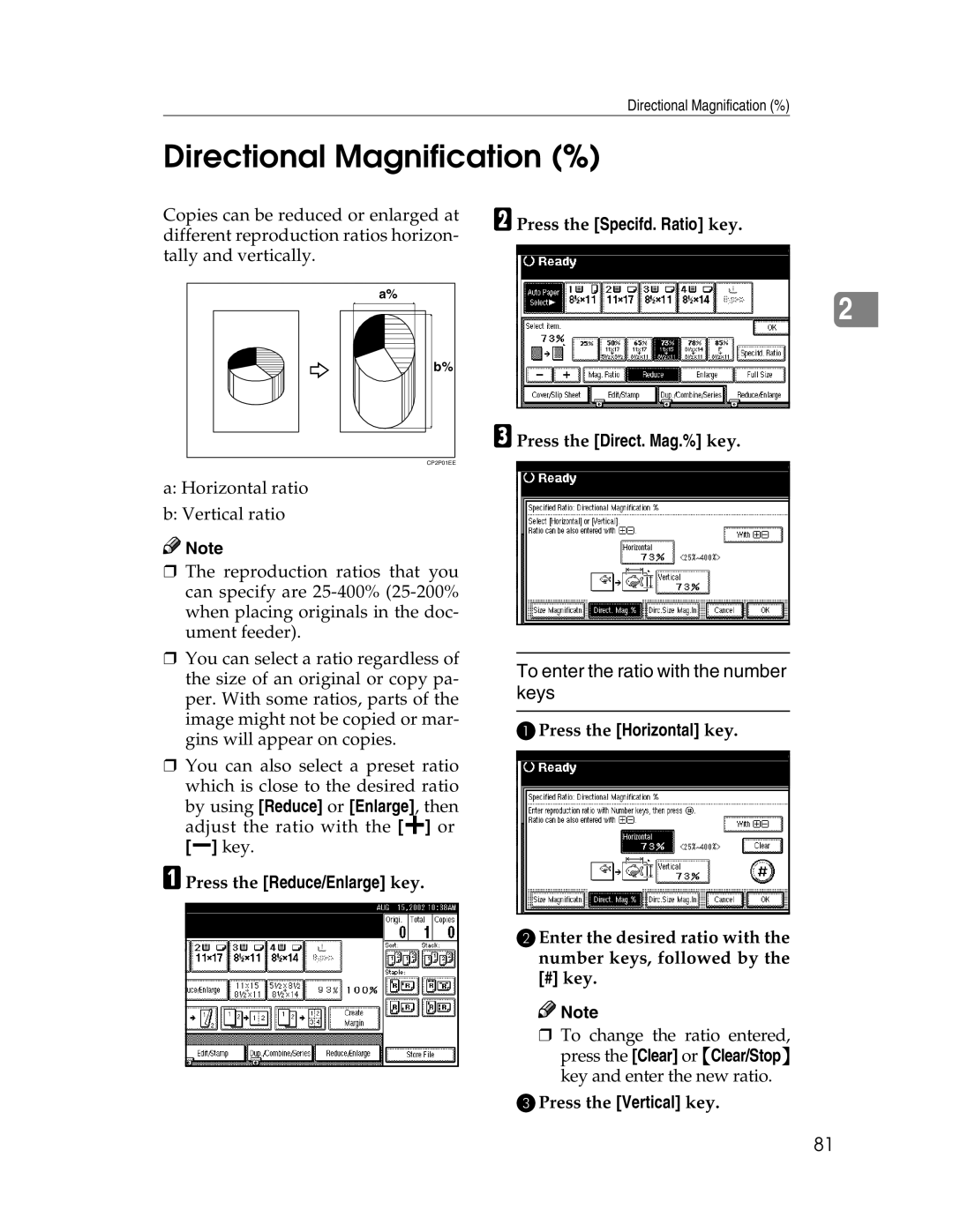 Savin 2212, 2712 manual Directional Magnification %, CPress the Vertical key 