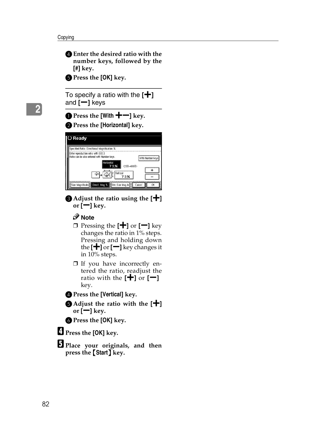 Savin 2712, 2212 manual To specify a ratio with the n and o keys 