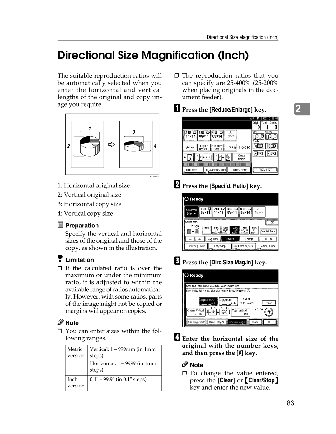 Savin 2212, 2712 manual Directional Size Magnification Inch, APress the Reduce/Enlarge key 