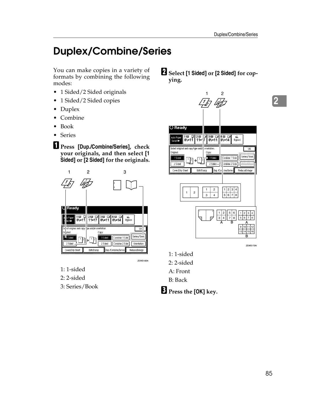 Savin 2212, 2712 manual Duplex/Combine/Series, BSelect 1 Sided or 2 Sided for cop- ying 