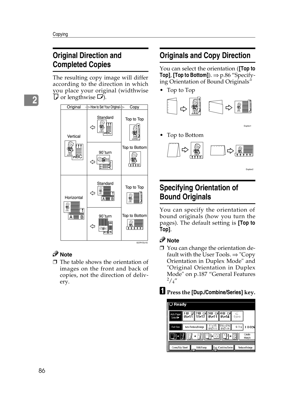 Savin 2712, 2212 Original Direction Completed Copies, Originals and Copy Direction, APress the Dup./Combine/Series key 