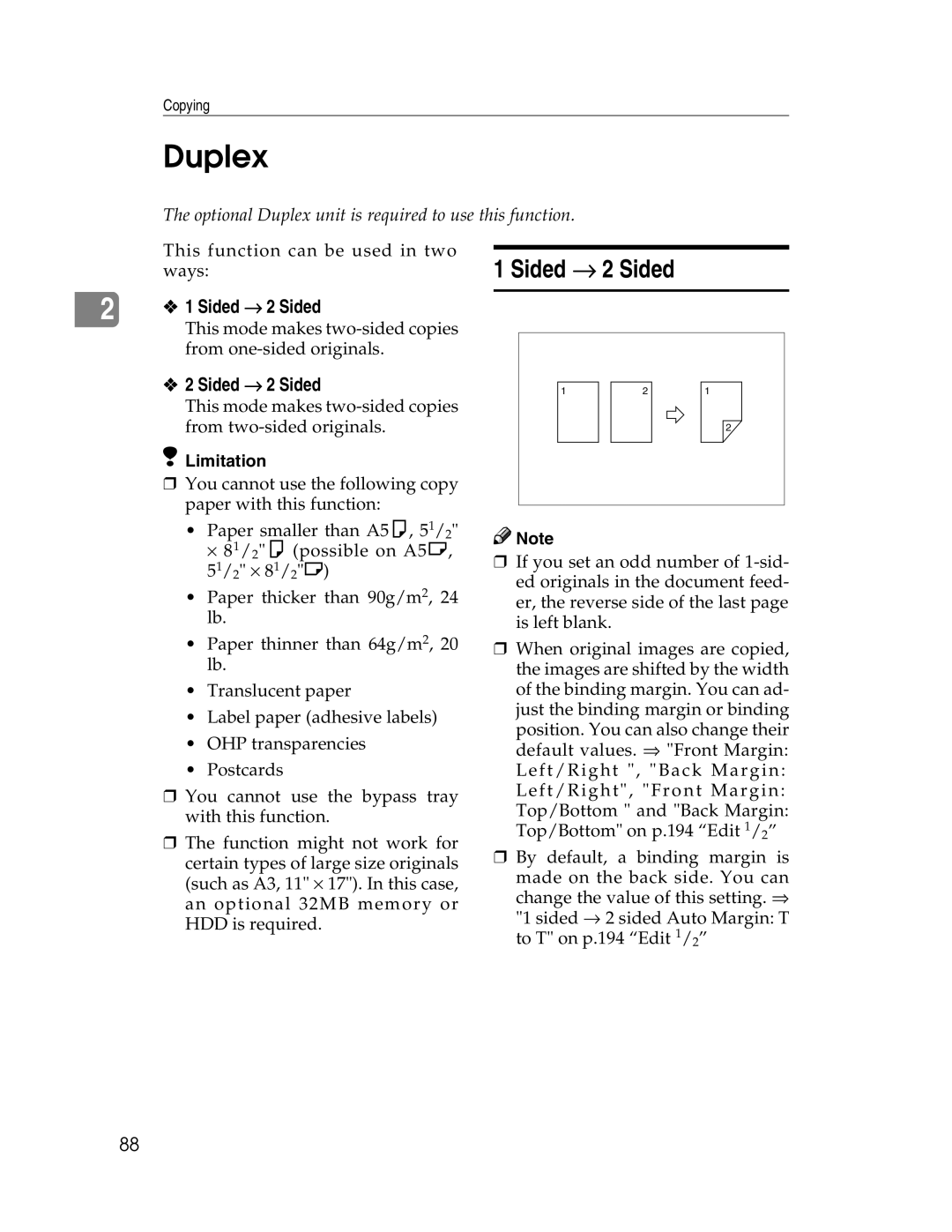 Savin 2712, 2212 manual Duplex, Sided → 2 Sided 