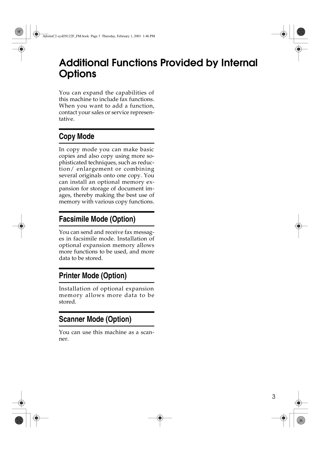 Savin 2545, 2335 Additional Functions Provided by Internal Options, Copy Mode, Facsimile Mode Option, Printer Mode Option 