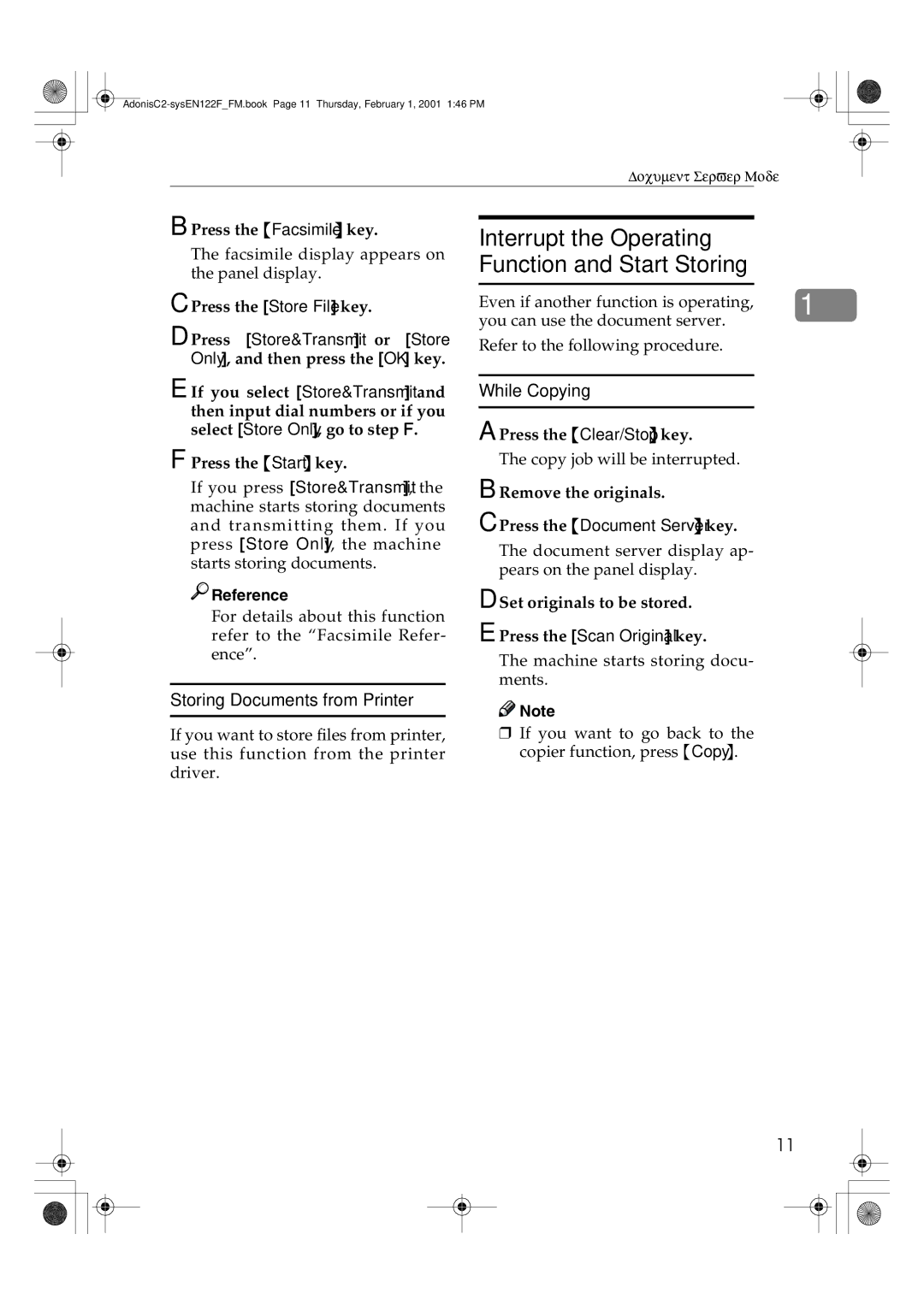 Savin 2535P, 2335, 3502P Storing Documents from Printer, Interrupt the Operating Function and Start Storing, While Copying 