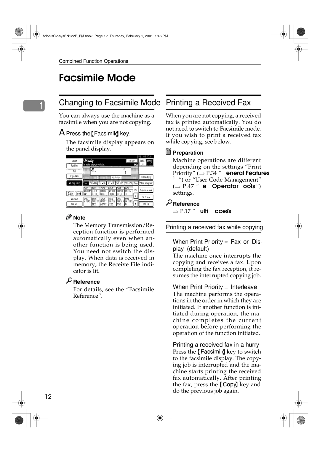 Savin 2345, 2335, 3502P, 2545 manual Changing to Facsimile Mode, Printing a Received Fax, When Print Priority = Interleave 