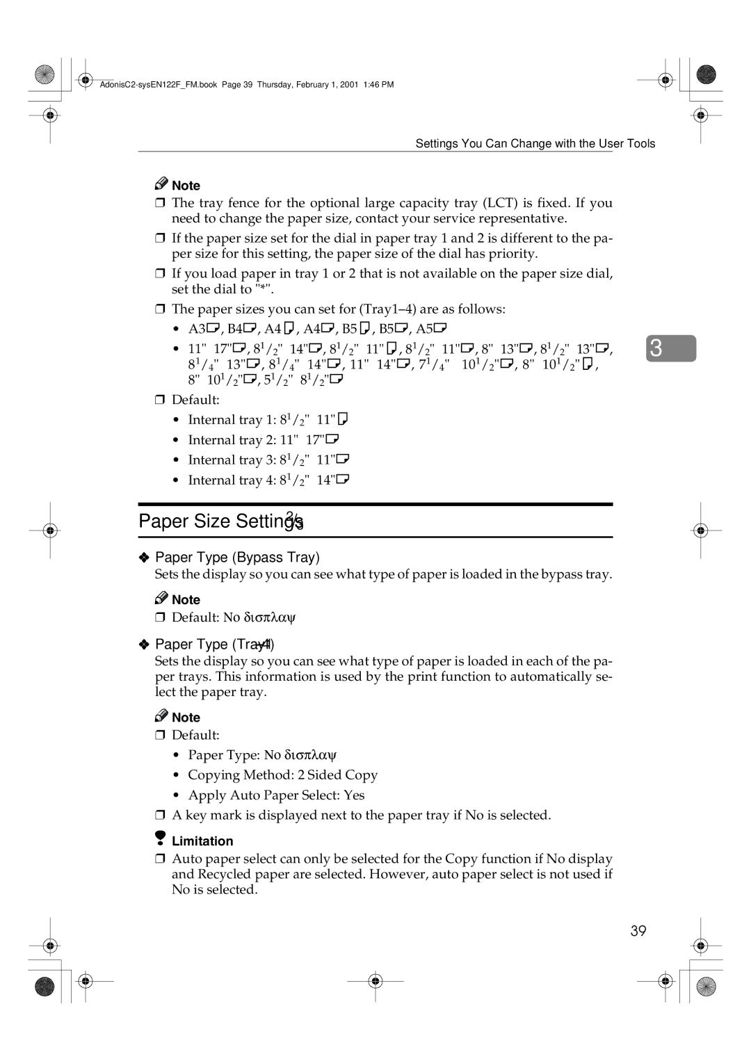 Savin 2545, 2335, 3502P, 4502P, 2535P, 2345 manual Paper Size Settings 2/3, Paper Type Bypass Tray, Paper Type Tray1-4 