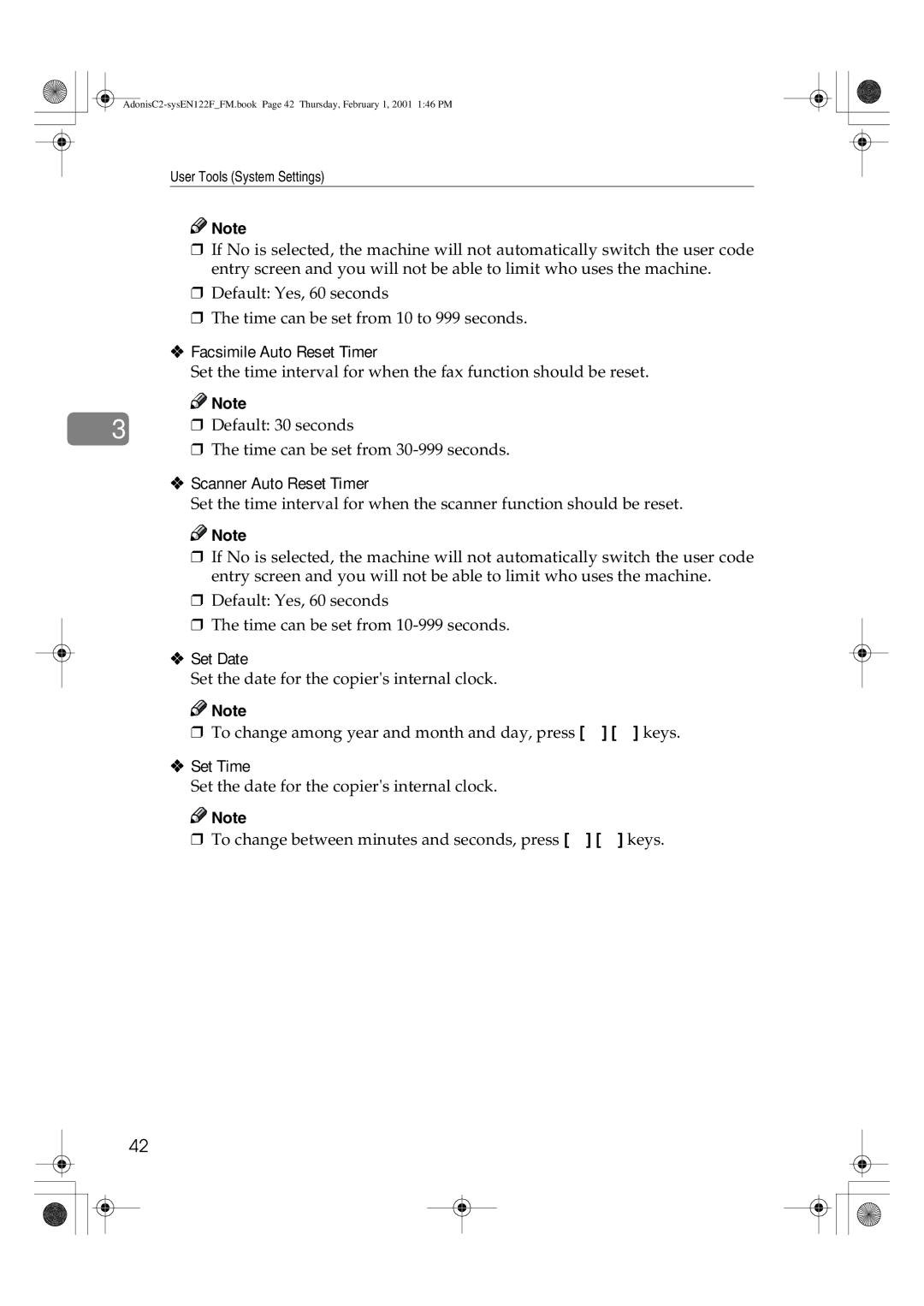 Savin 2345, 2335, 3502P, 2545, 4502P, 2535P manual Facsimile Auto Reset Timer, Scanner Auto Reset Timer, Set Date, Set Time 