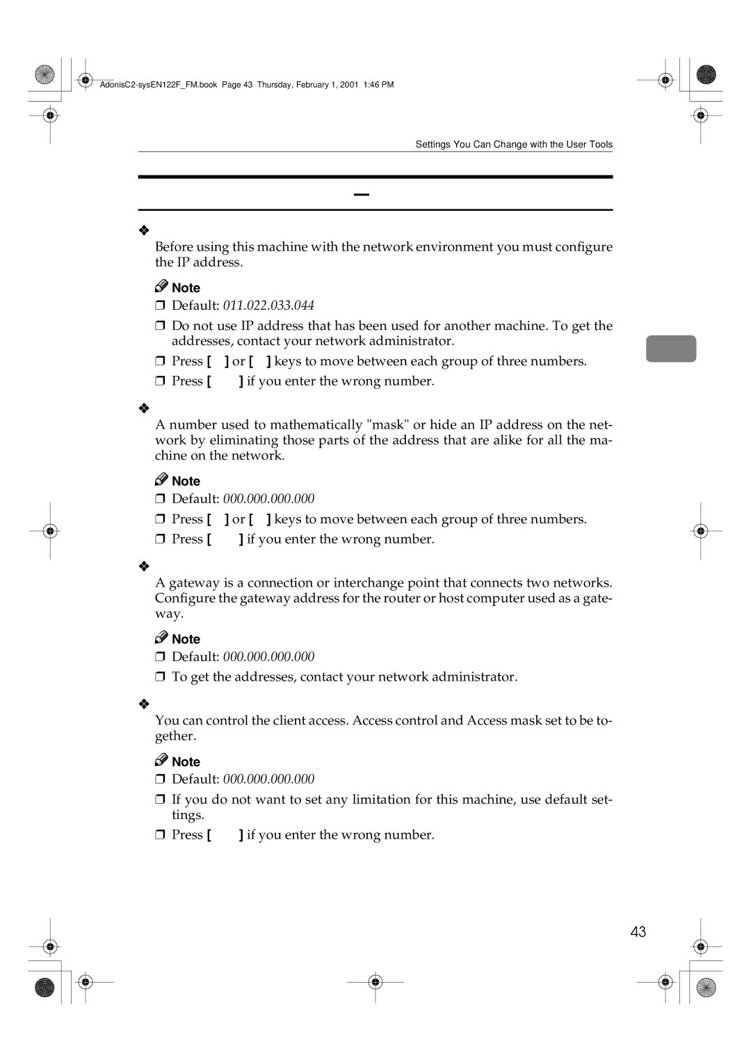 Savin 2335 Interface Settings/Network 1/2-2/2, IP Address, Sub-net Mask, Gateway Address, Access Control and Access Mask 