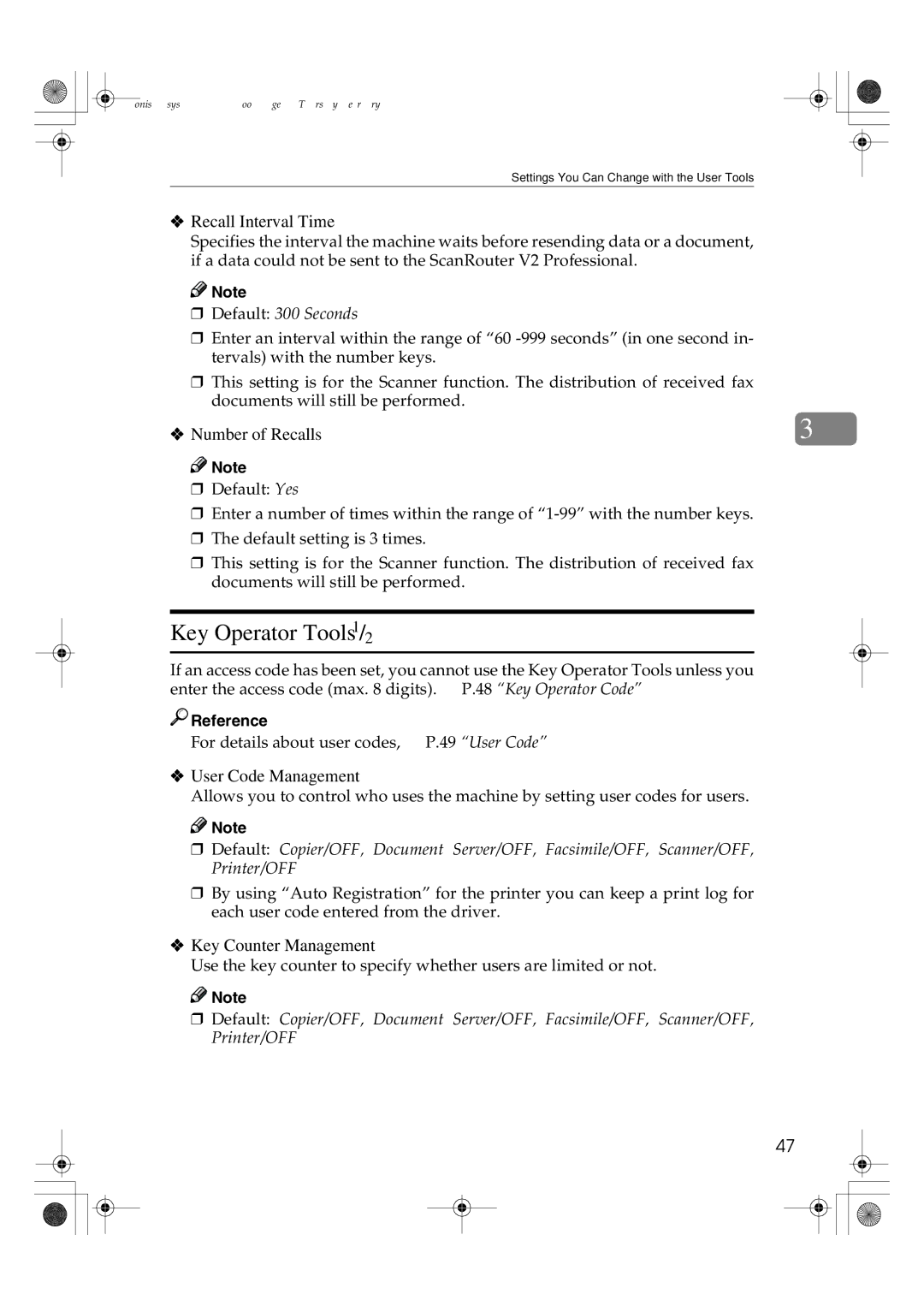 Savin 2535P Key Operator Tools 1/2, Recall Interval Time, Number of Recalls, User Code Management, Key Counter Management 