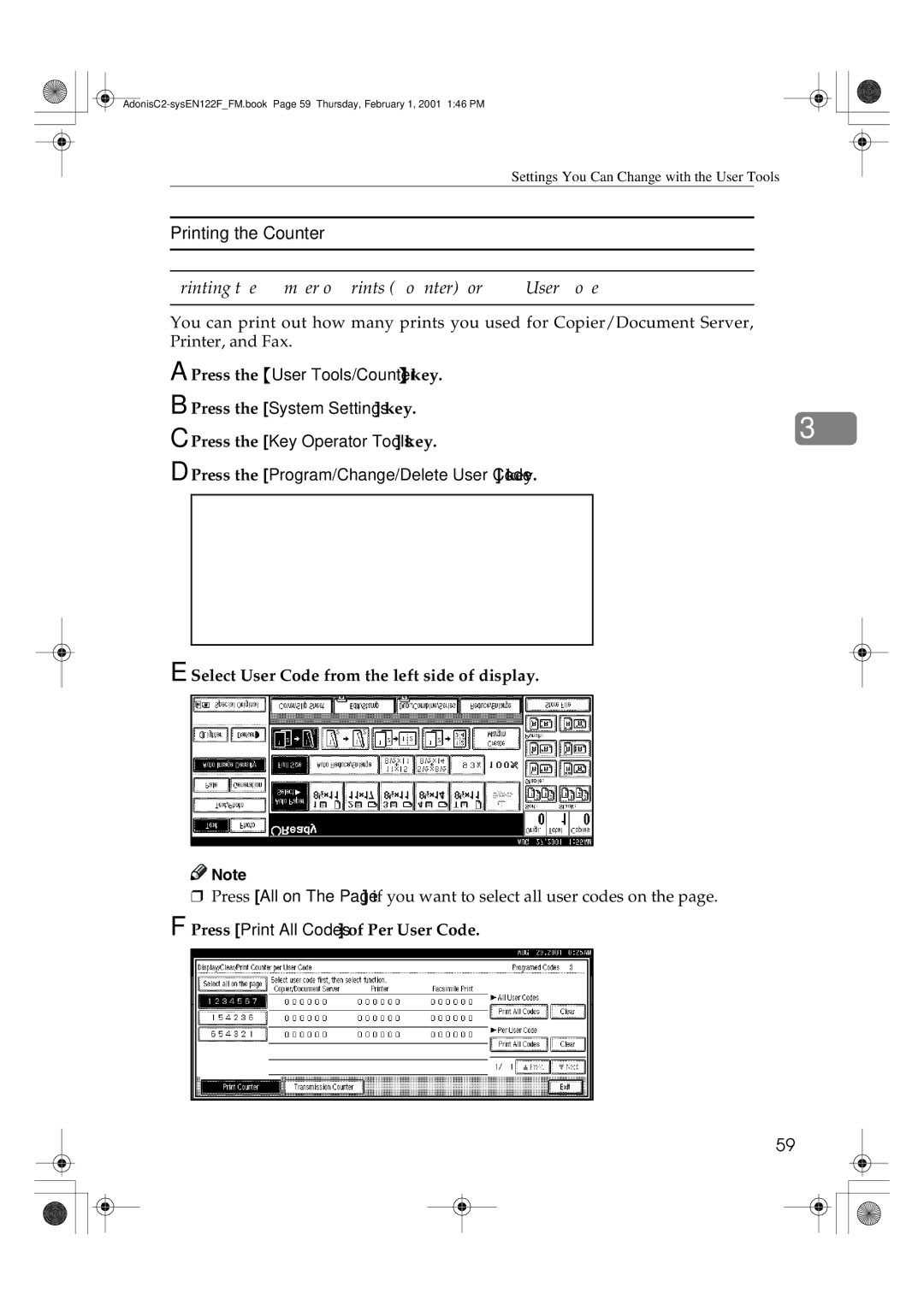 Savin 2535P Printing the Counter, Select User Code from the left side of display, Press Print All Codes of Per User Code 