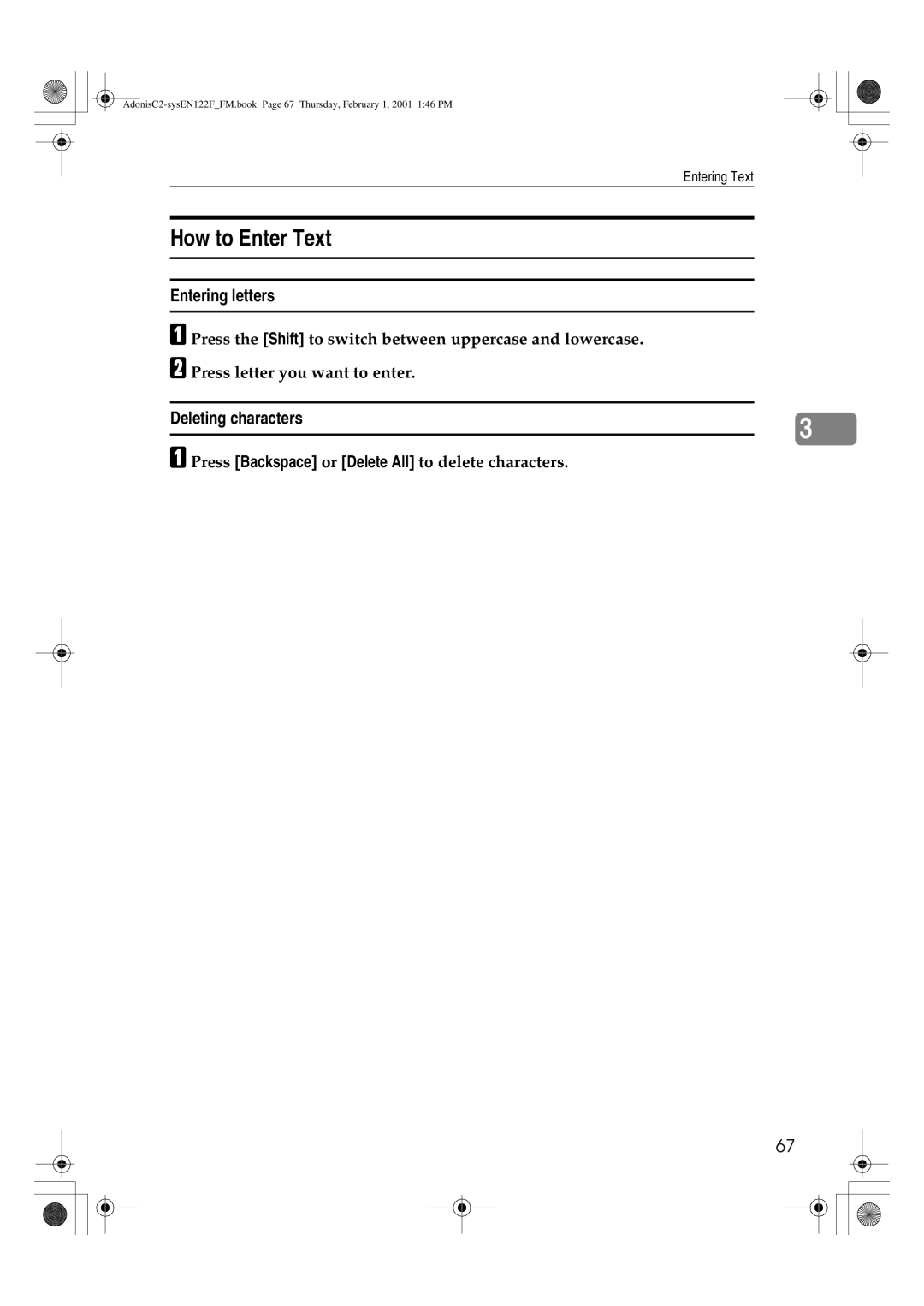 Savin 2335 How to Enter Text, Entering letters, Deleting characters, Press Backspace or Delete All to delete characters 