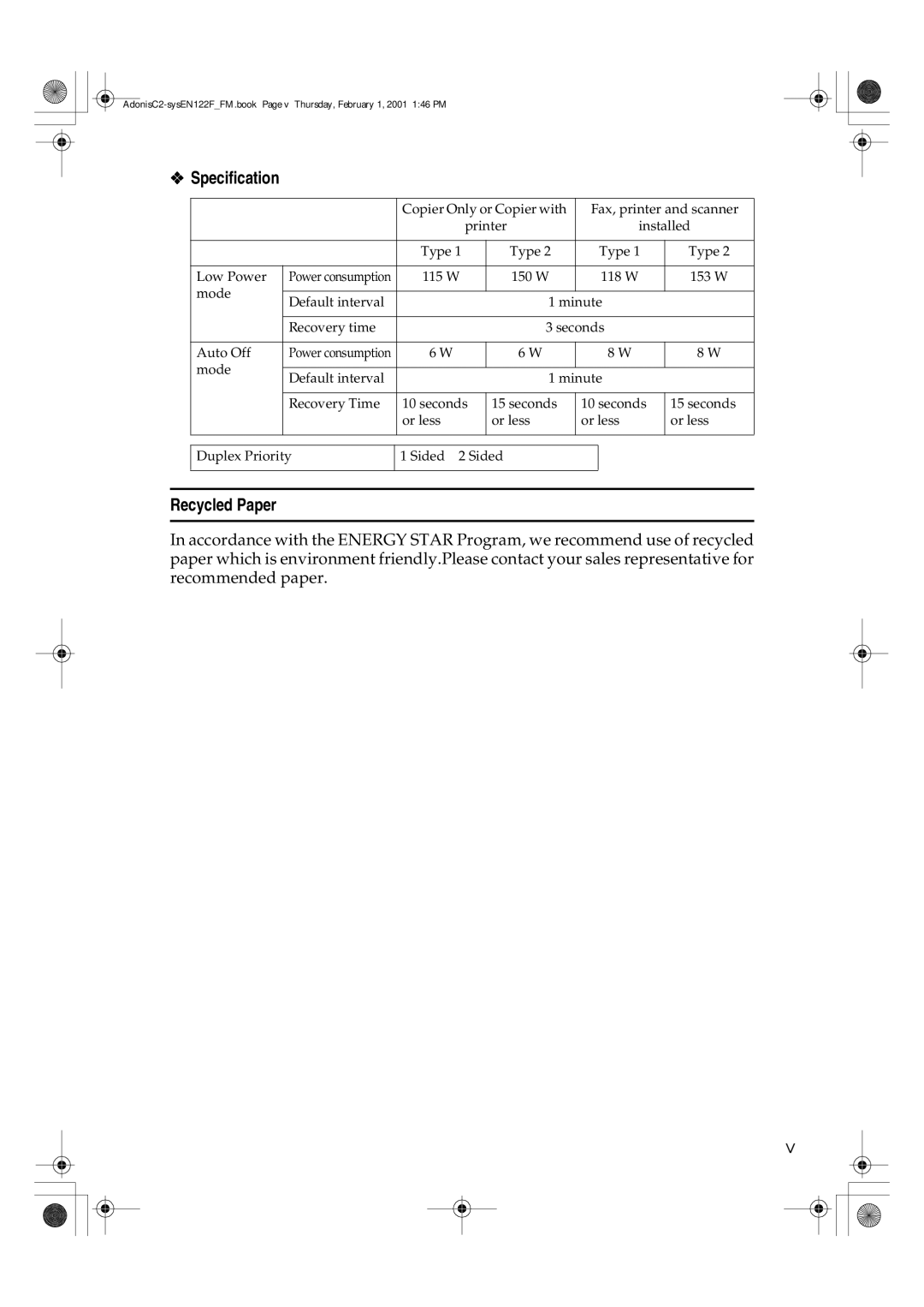 Savin 2545, 2335, 3502P, 4502P, 2535P, 2345 manual Specification, Recycled Paper 