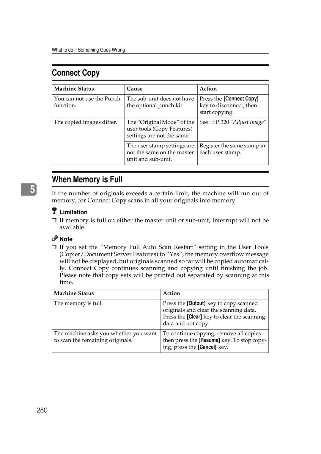 Savin 25105 operating instructions Connect Copy, When Memory is Full, 280, See ⇒ P.320 Adjust Image 