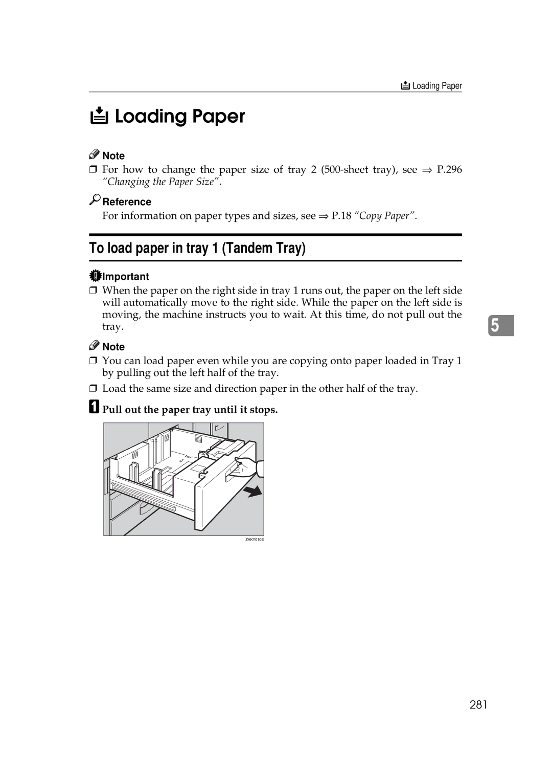 Savin 25105 operating instructions Loading Paper, To load paper in tray 1 Tandem Tray, 281 