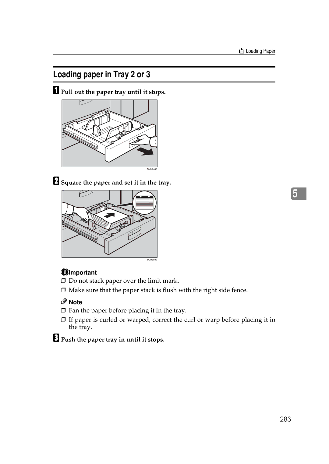 Savin 25105 operating instructions Loading paper in Tray 2 or, 283 