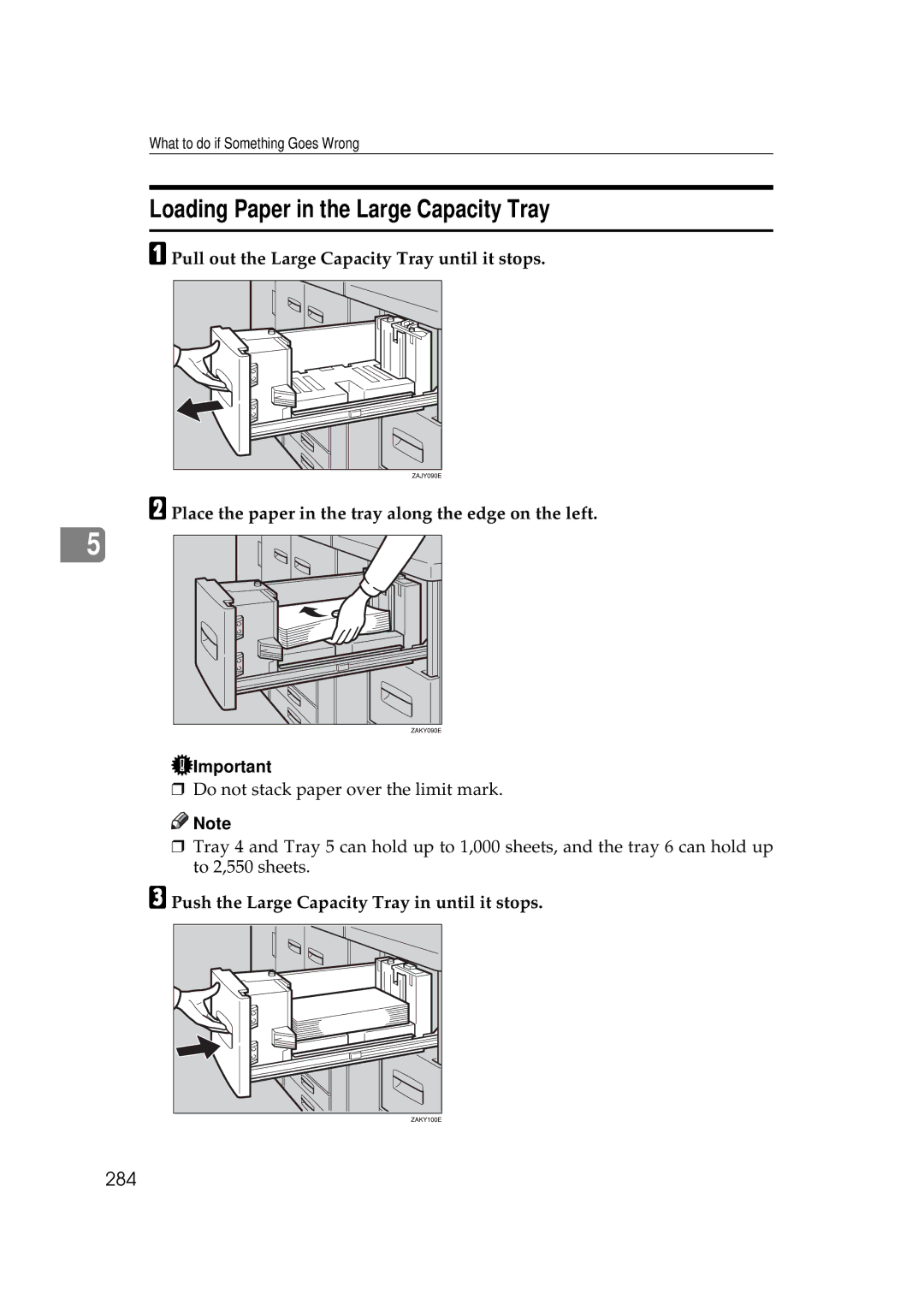 Savin 25105 operating instructions Loading Paper in the Large Capacity Tray, 284 