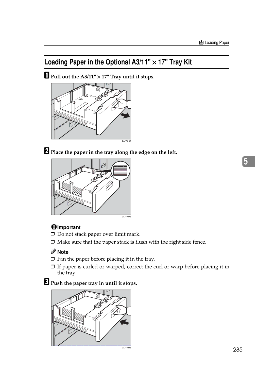 Savin 25105 operating instructions Loading Paper in the Optional A3/11 × 17 Tray Kit, 285 