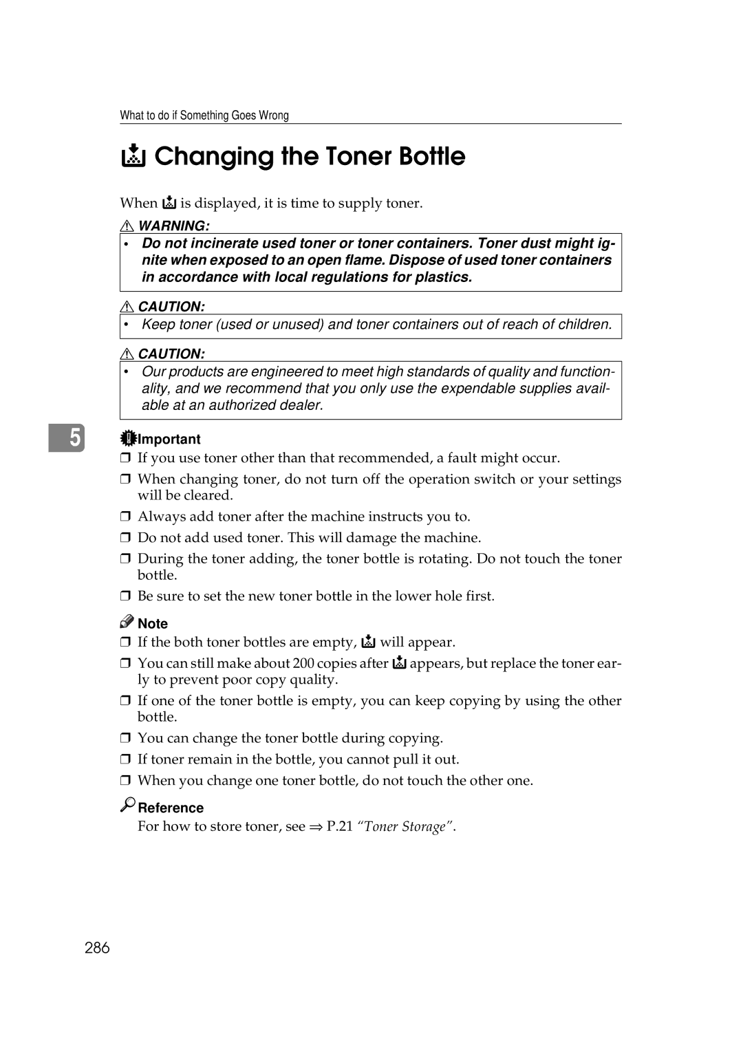 Savin 25105 operating instructions Changing the Toner Bottle, 286 