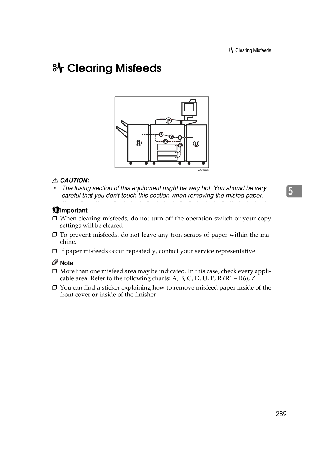 Savin 25105 operating instructions Clearing Misfeeds, 289 