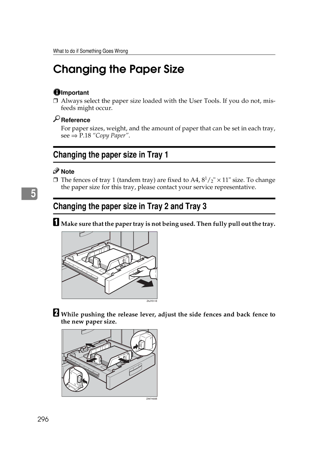 Savin 25105 operating instructions Changing the Paper Size, Changing the paper size in Tray 2 and Tray, 296 