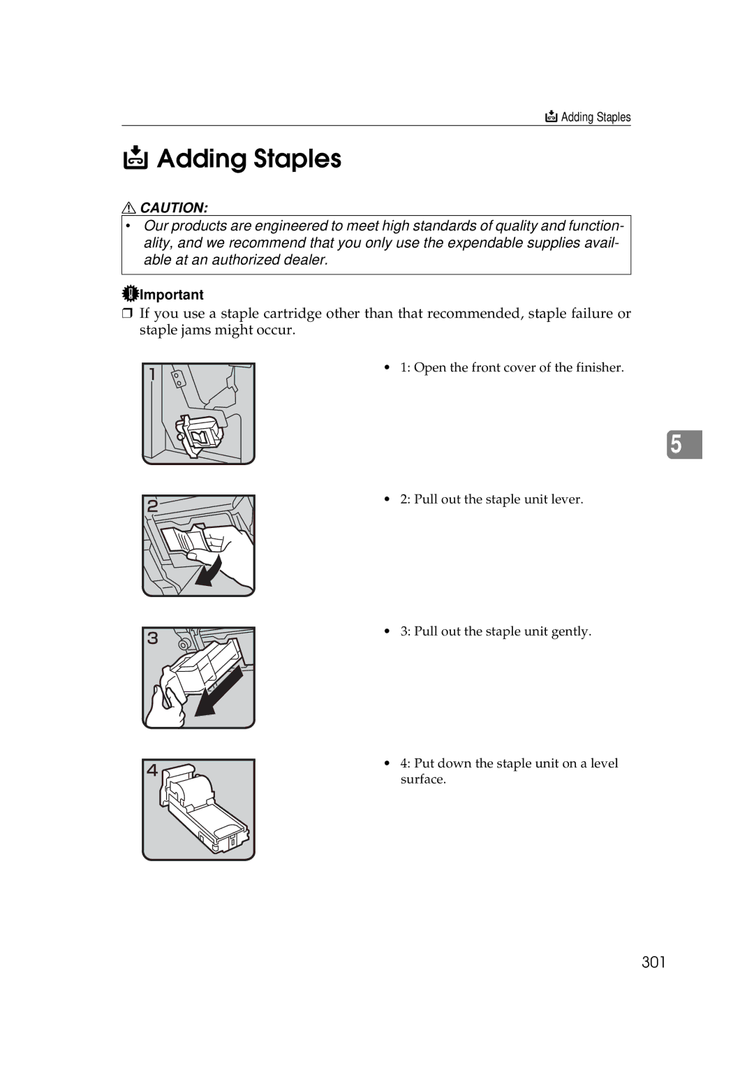 Savin 25105 operating instructions Adding Staples, 301 