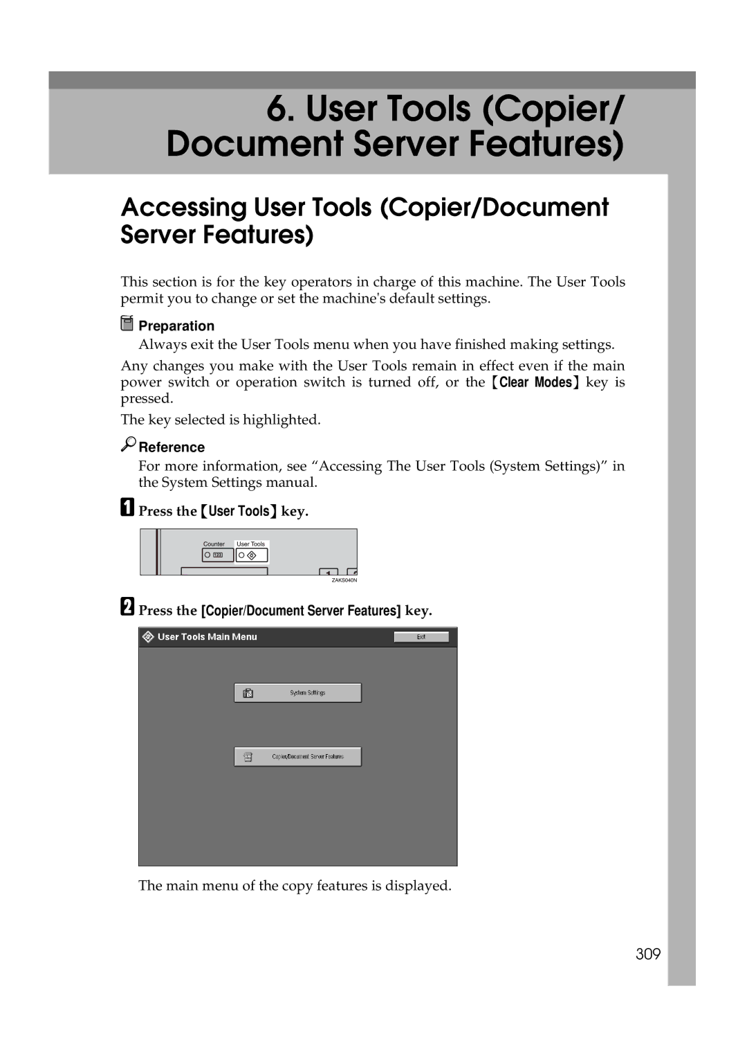 Savin 25105 operating instructions Accessing User Tools Copier/Document Server Features, 309 