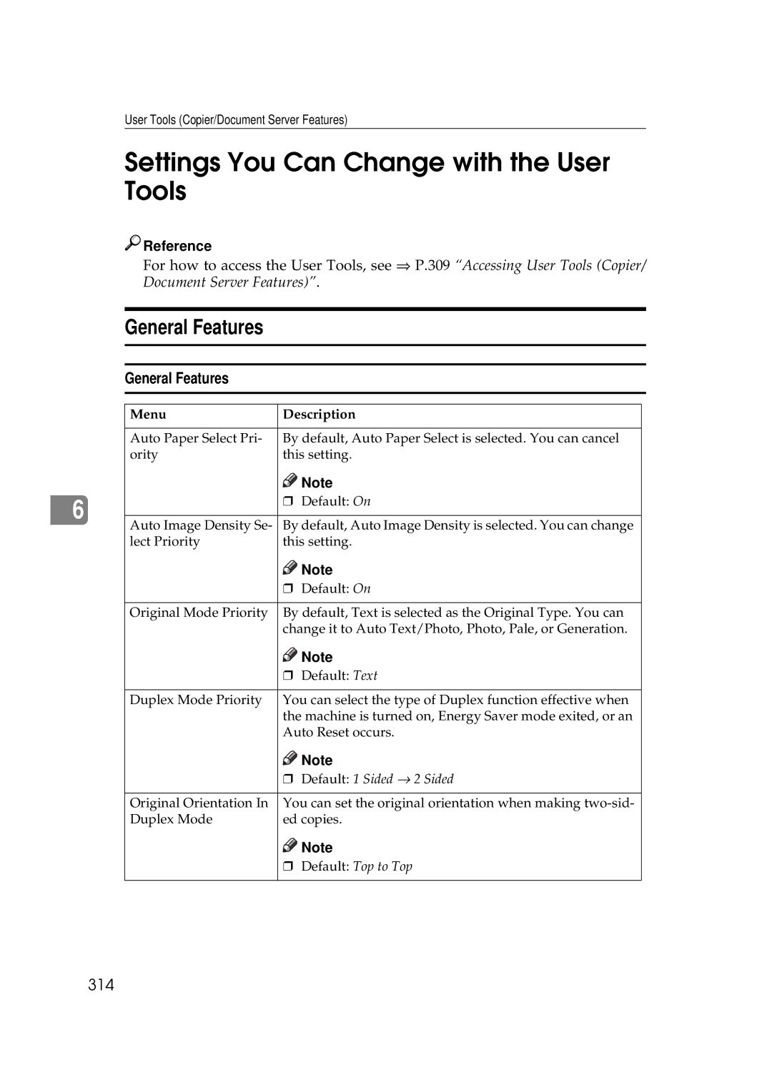 Savin 25105 operating instructions Settings You Can Change with the User Tools, General Features, 314 