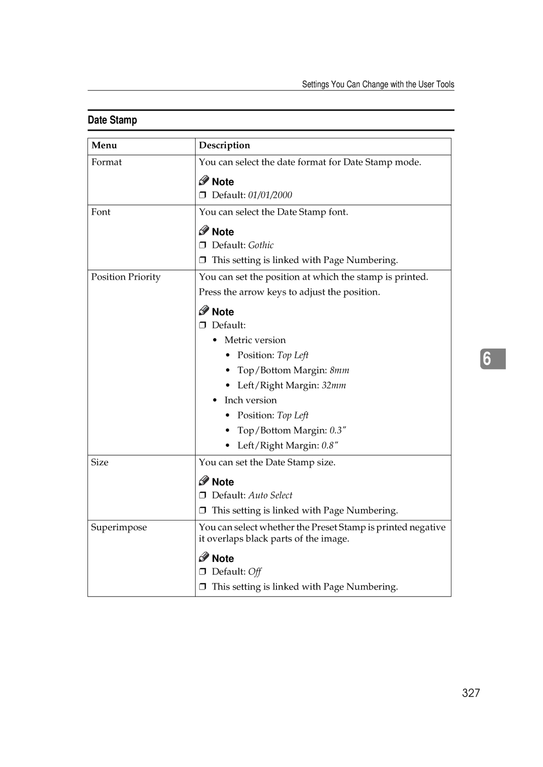 Savin 25105 operating instructions Date Stamp, 327, Default 01/01/2000, Default Auto Select 