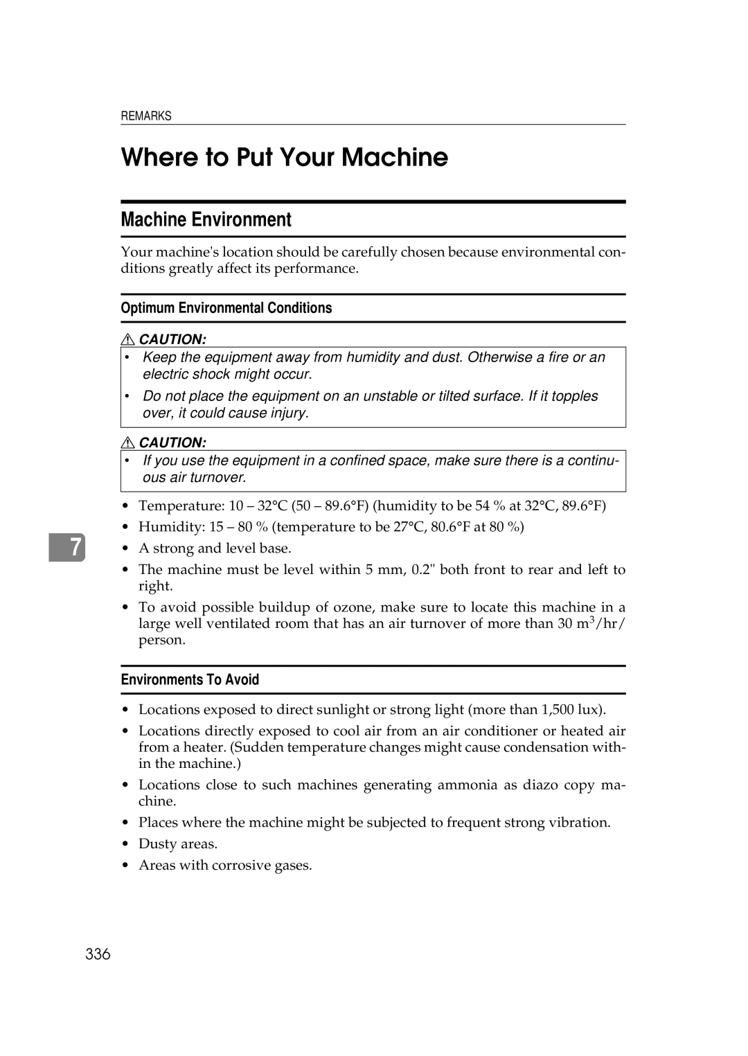 Savin 25105 Where to Put Your Machine, Machine Environment, Optimum Environmental Conditions, Environments To Avoid, 336 