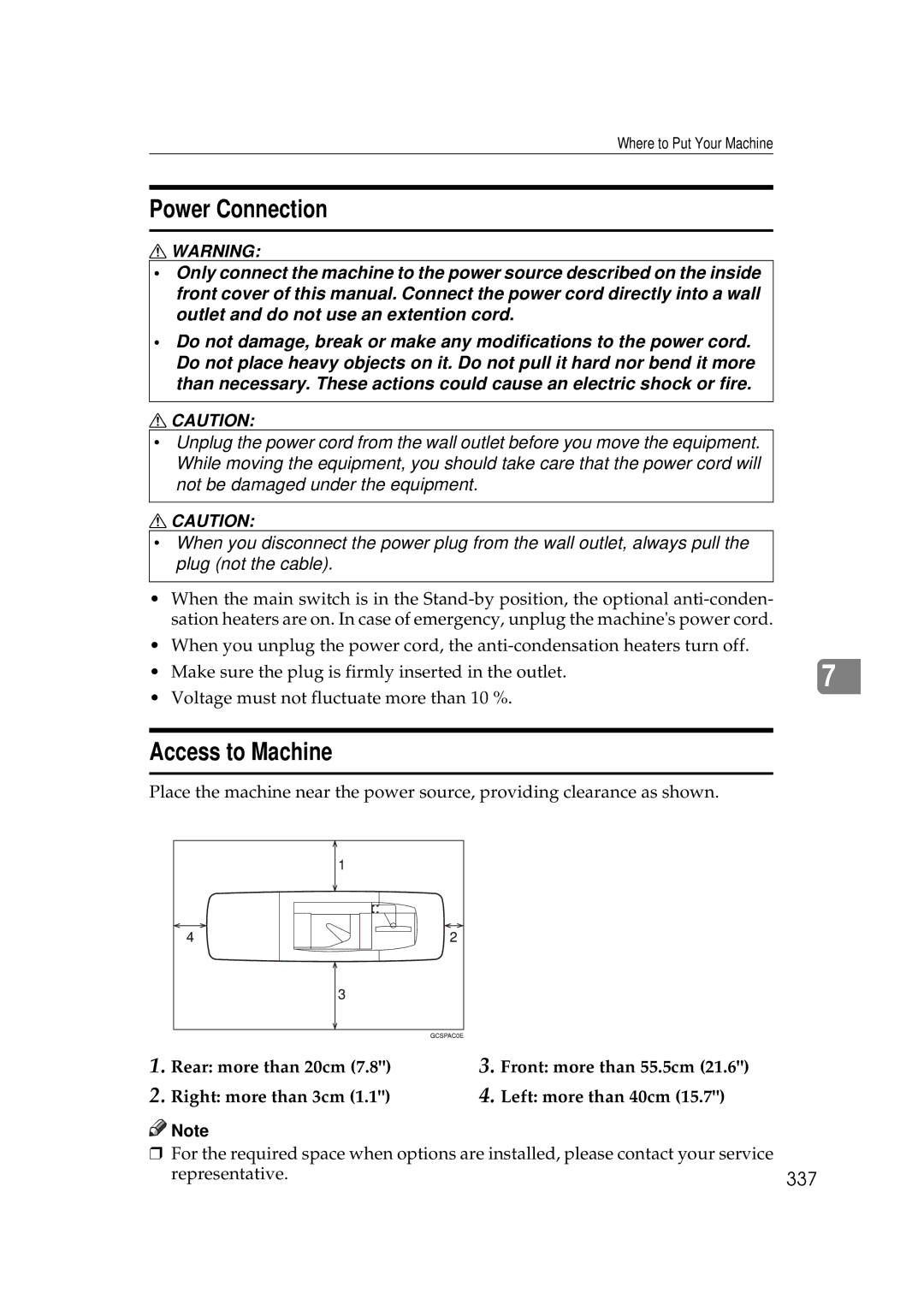 Savin 25105 operating instructions Power Connection, Access to Machine, 337 