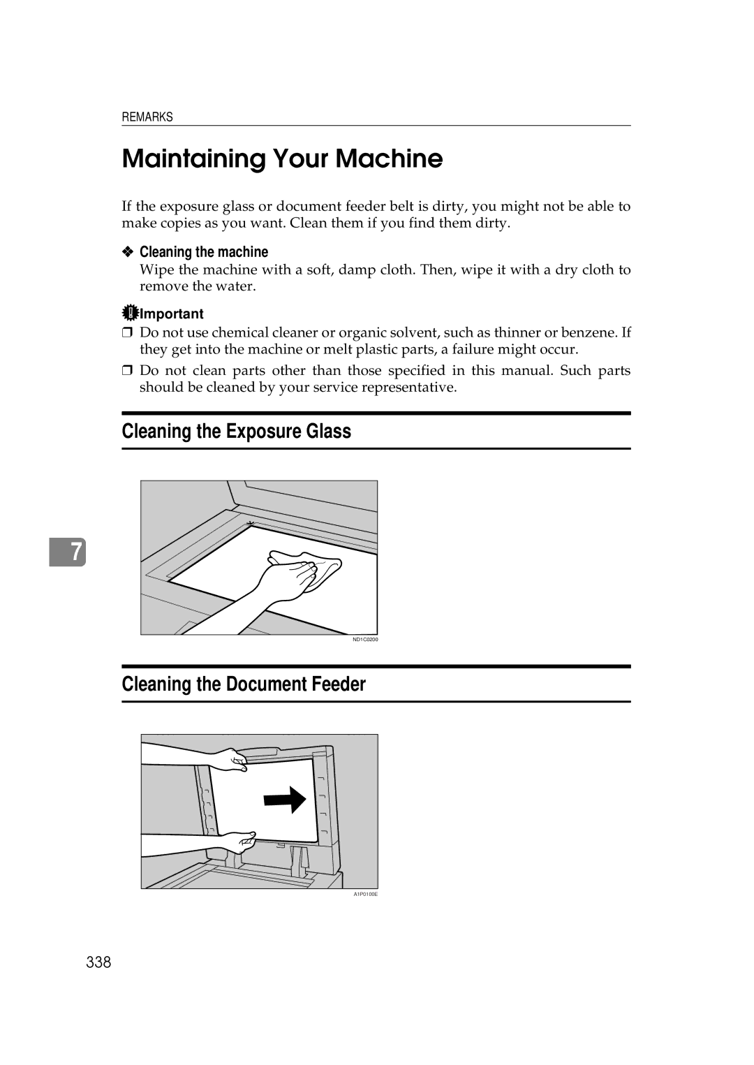 Savin 25105 Maintaining Your Machine, Cleaning the Exposure Glass, Cleaning the Document Feeder, Cleaning the machine, 338 