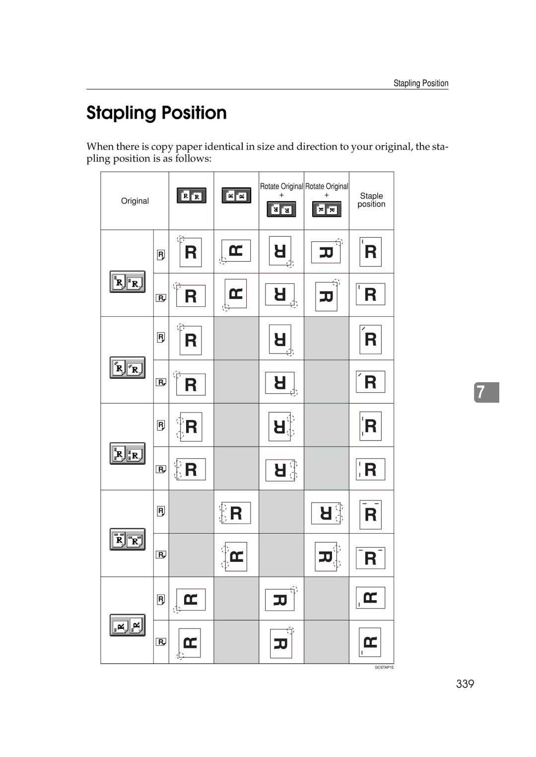 Savin 25105 operating instructions Stapling Position, 339 