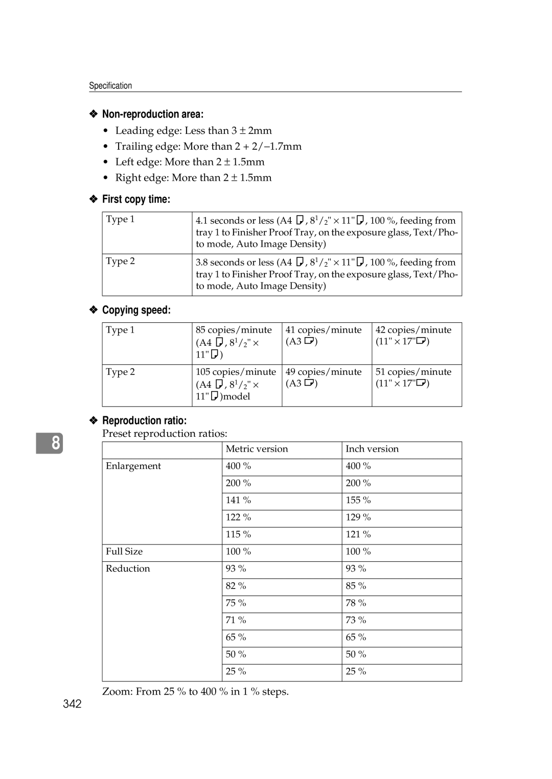 Savin 25105 operating instructions Non-reproduction area, First copy time, Copying speed, Reproduction ratio, 342 