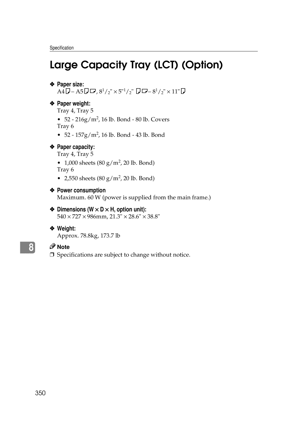 Savin 25105 operating instructions Large Capacity Tray LCT Option, Paper capacity, Dimensions W × D × H, option unit, 350 