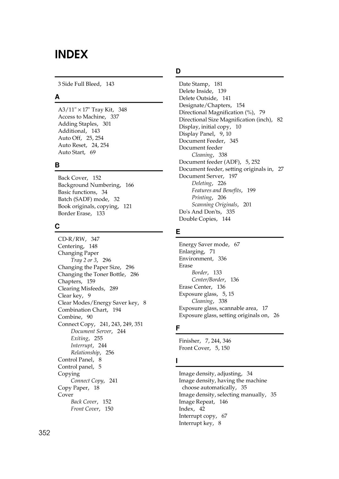 Savin 25105 operating instructions Index, 352 