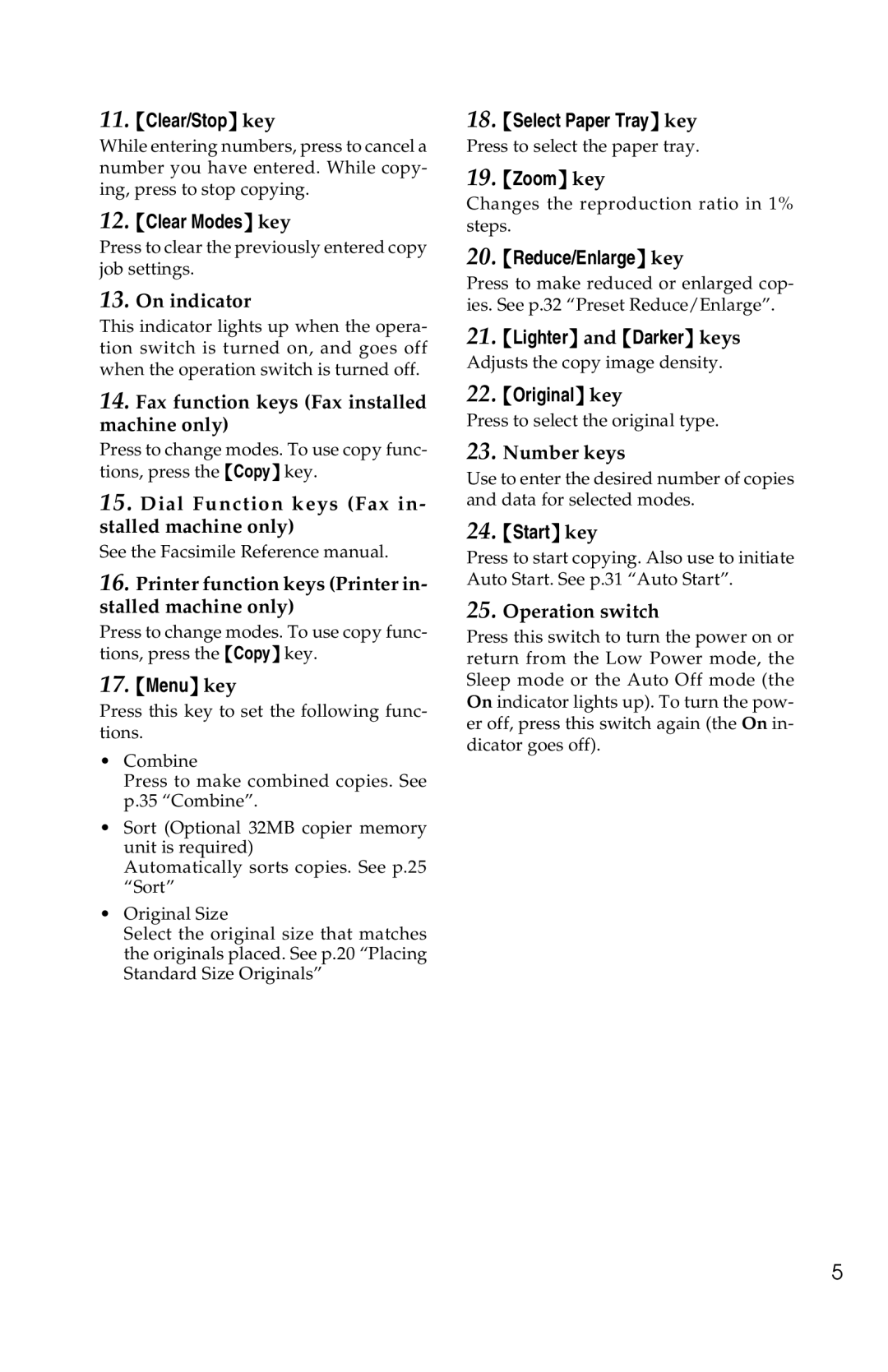 Savin 1302 Clear/Stop key, Clear Modes key, Menu key, Select Paper Tray key, Zoom key, Reduce/Enlarge key, Original key 