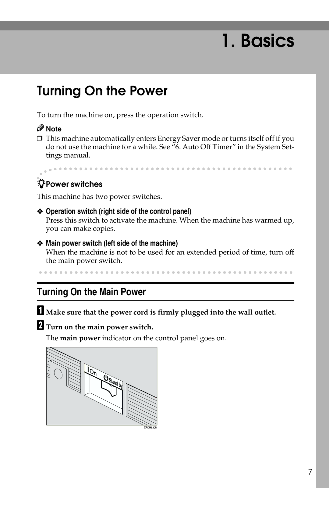 Savin 1302f, 2513f Turning On the Power, Turning On the Main Power, Operation switch right side of the control panel 