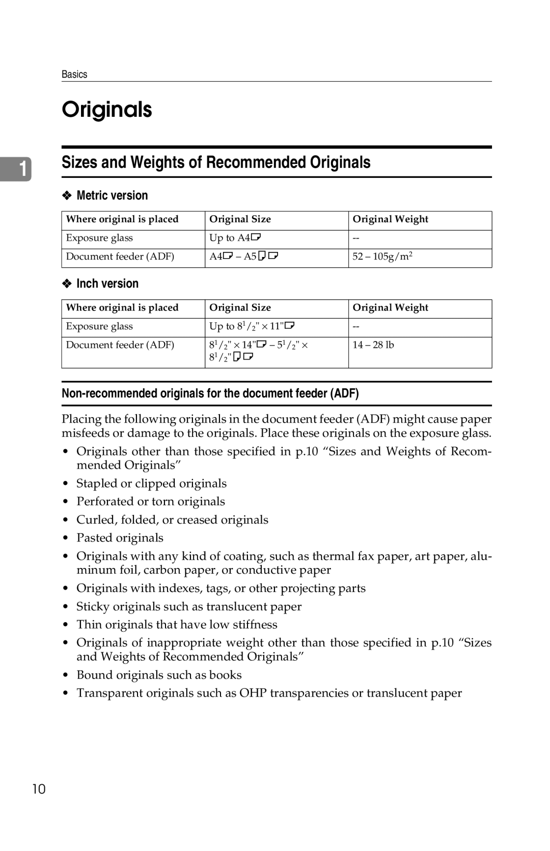 Savin 2513f, 1302f manual Sizes and Weights of Recommended Originals, Metric version, Inch version 