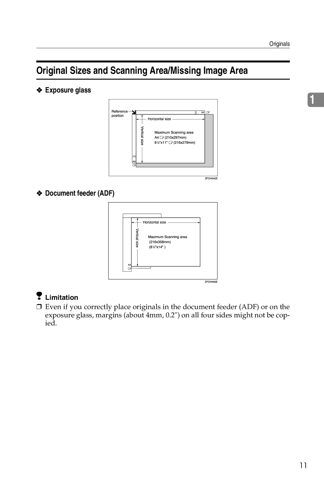 Savin 1302f, 2513f manual Original Sizes and Scanning Area/Missing Image Area, Exposure glass Document feeder ADF 