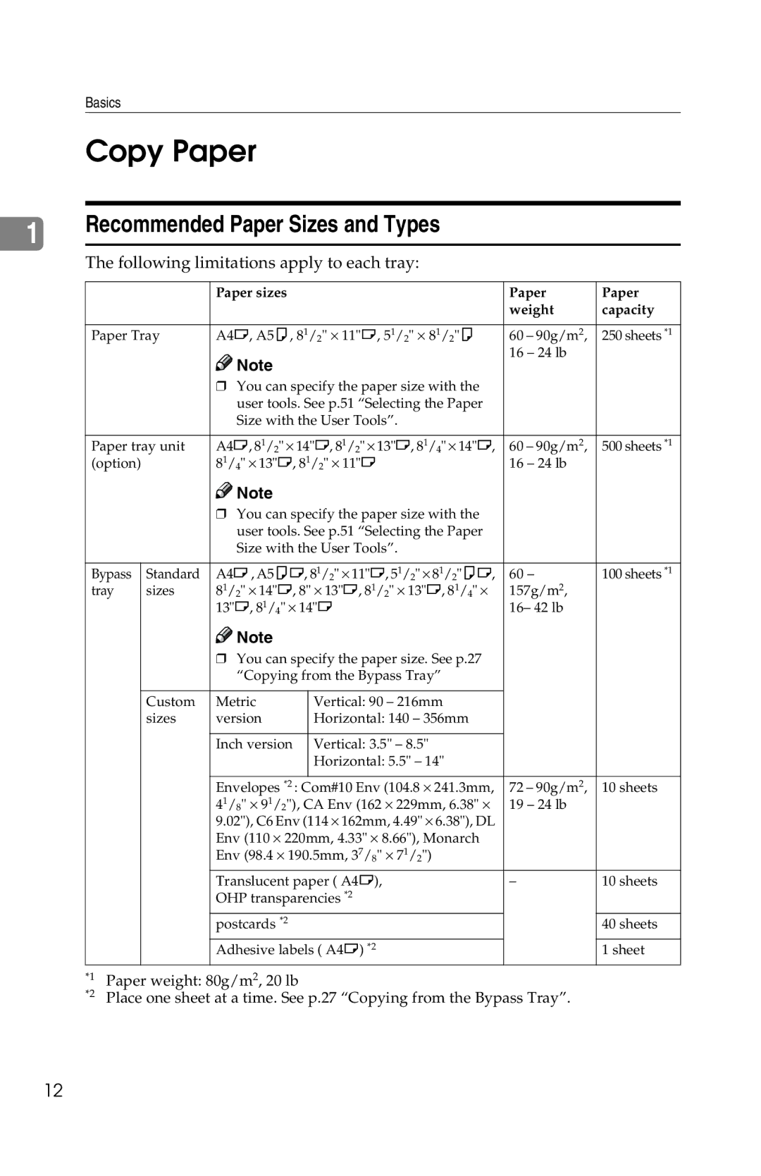 Savin 1302f, 2513f manual Copy Paper, Recommended Paper Sizes and Types 