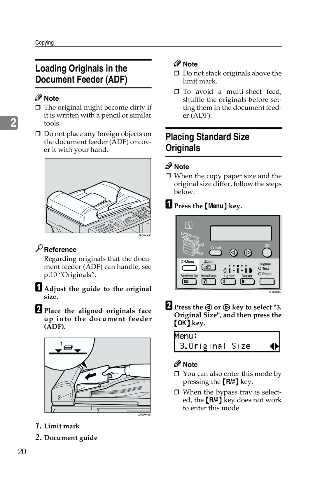 Savin 1302f, 2513f Loading Originals Document Feeder ADF, Placing Standard Size Originals, Limit mark Document guide 