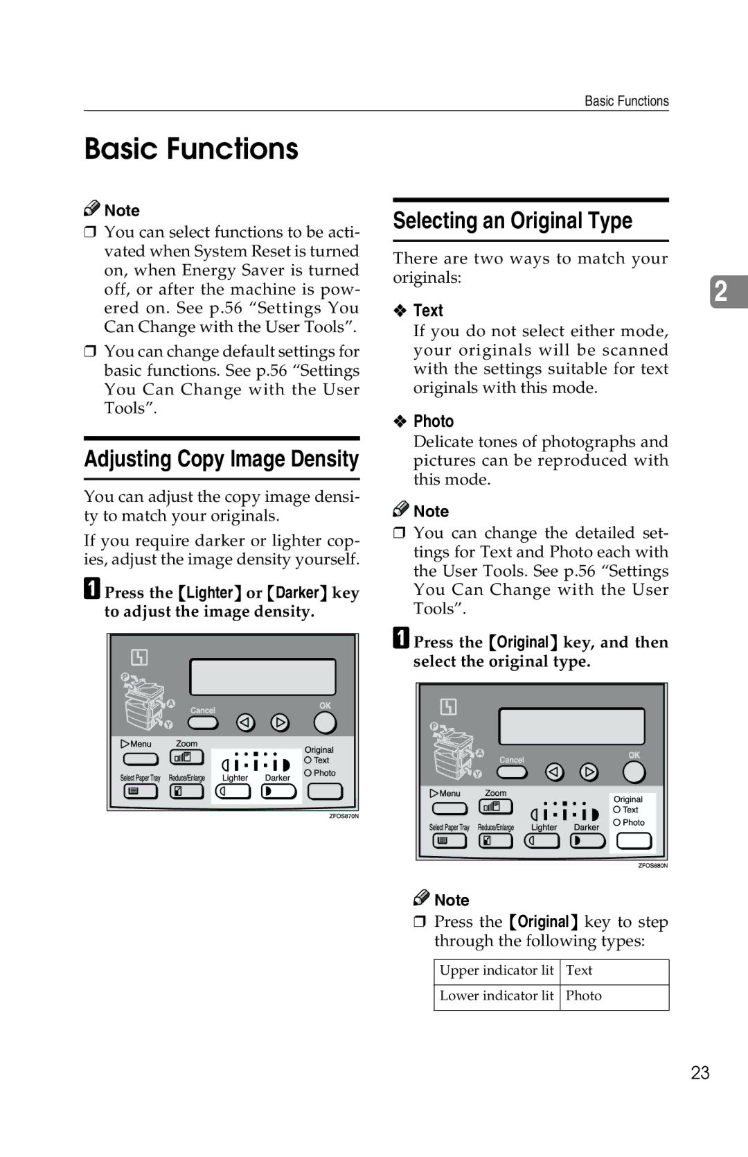 Savin 1302f, 2513f manual Basic Functions, Selecting an Original Type, Text, Photo 