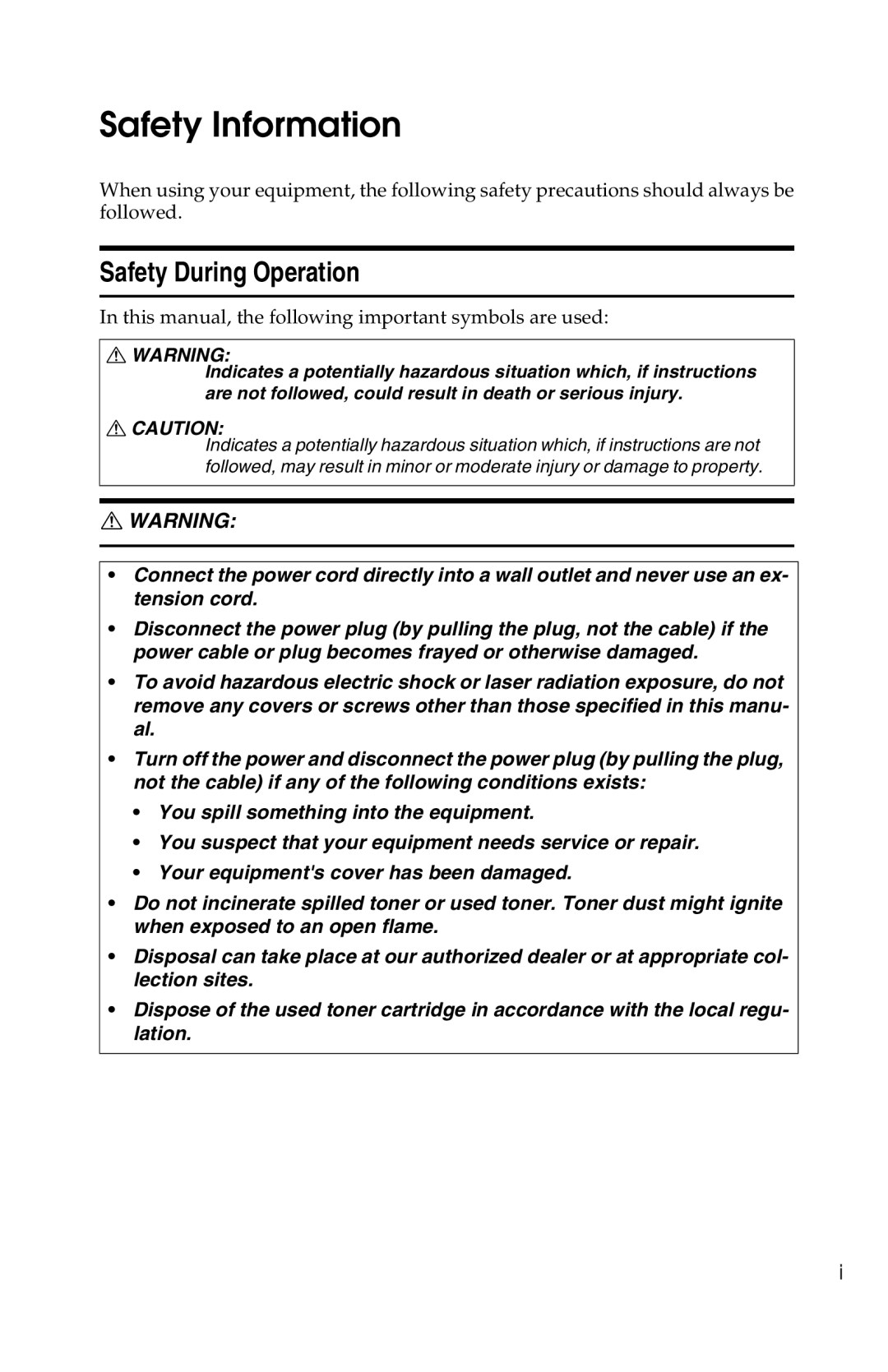 Savin 1302f, 2513f manual Safety Information, Safety During Operation 