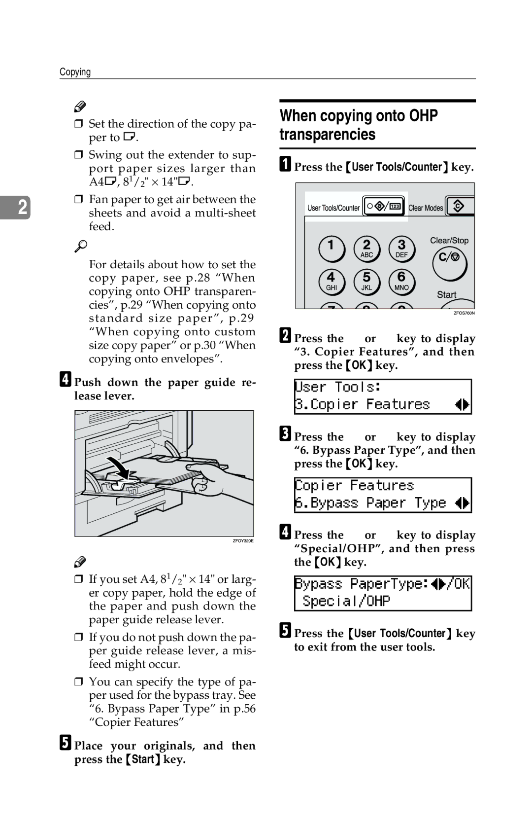 Savin 1302f, 2513f manual When copying onto OHP transparencies, Push down the paper guide re- lease lever 