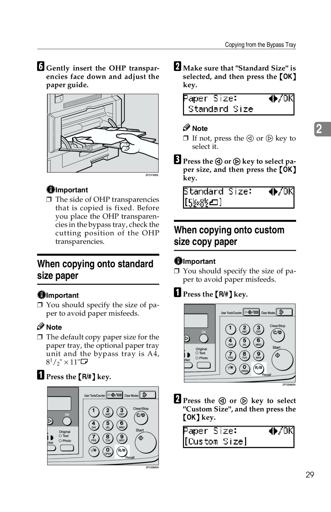 Savin 1302f, 2513f manual When copying onto standard size paper, When copying onto custom size copy paper 