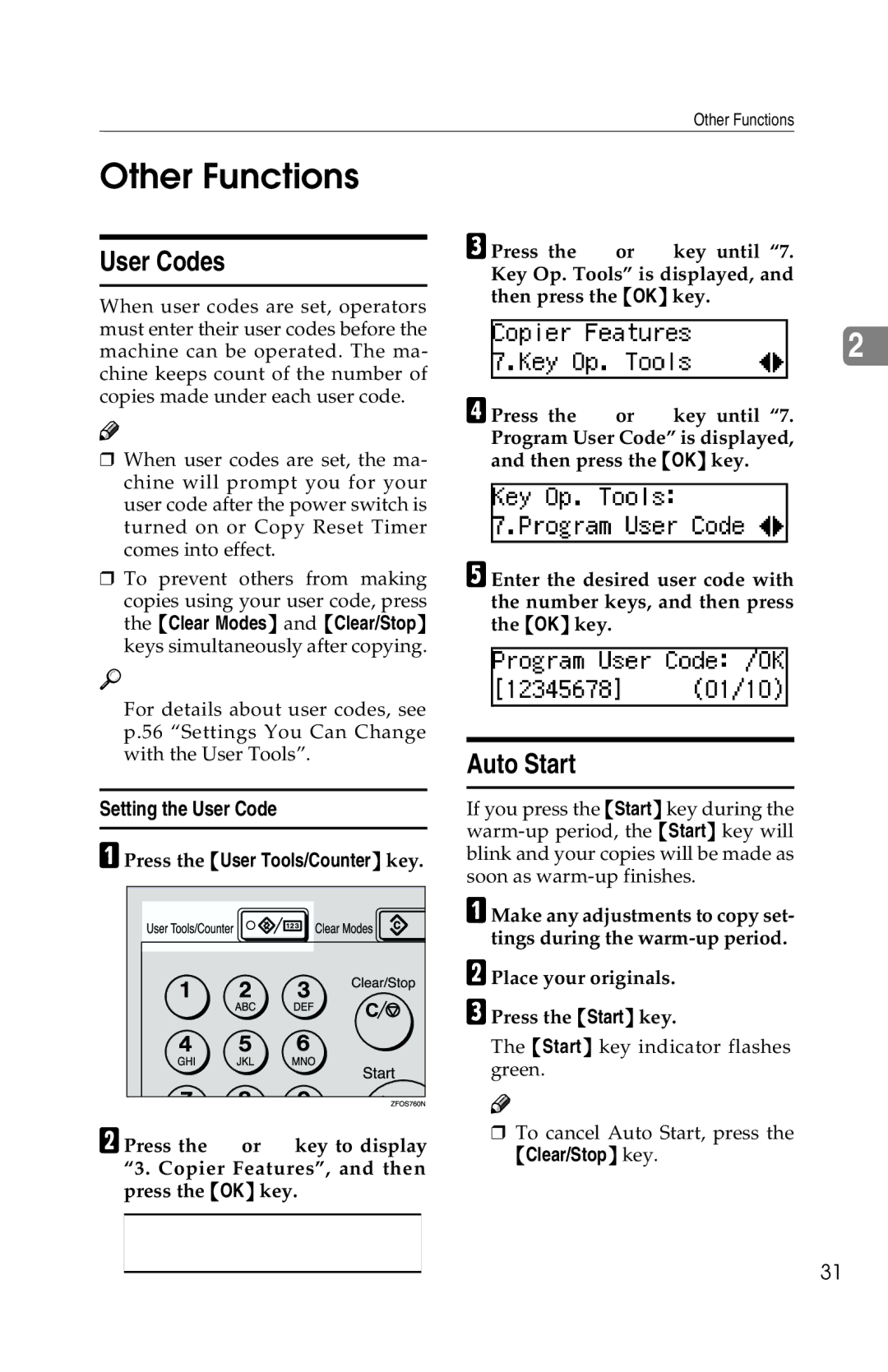 Savin 1302f, 2513f manual Other Functions, User Codes, Auto Start, Setting the User Code Press the User Tools/Counter key 